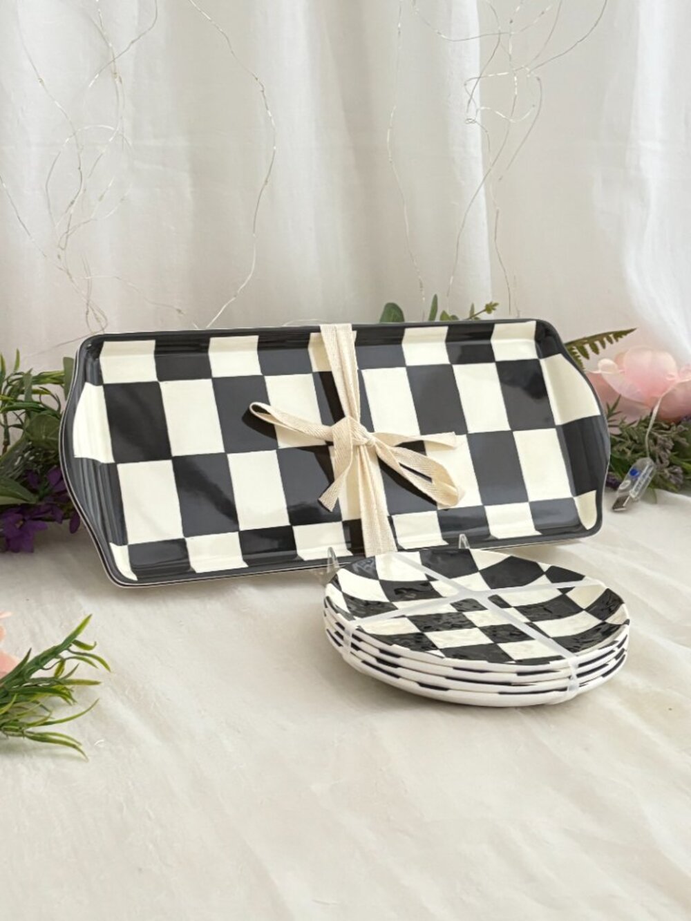 Black White CHECKERED 6PC Appetizer Dessert Snack Plates Serving Trays Melamine